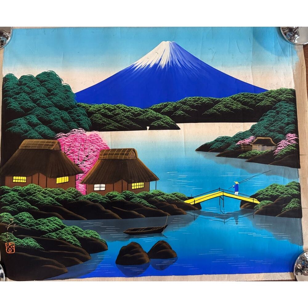 Vintage Japanese Mount Fuji Silk Painting – Hand-Painted Landscape, Signed